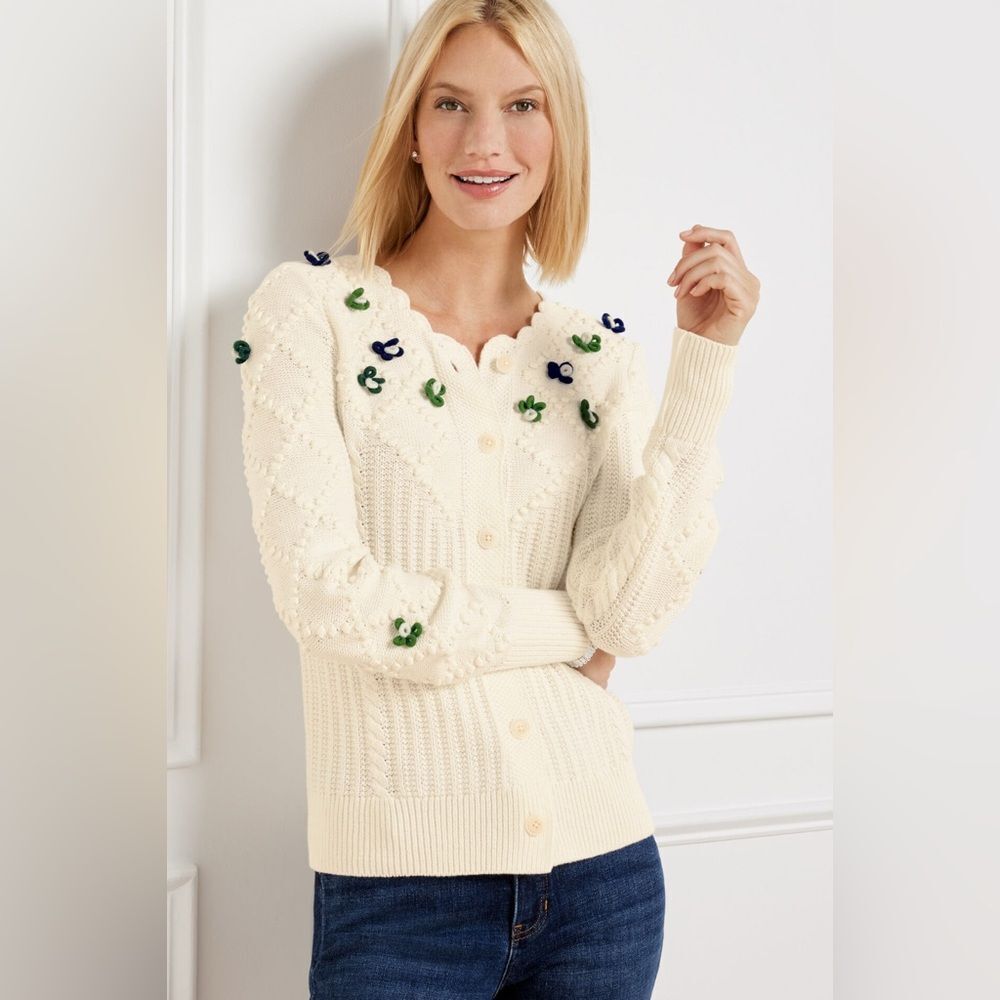 Talbots Cream Cardigan with Blue and Green Accents NWOT